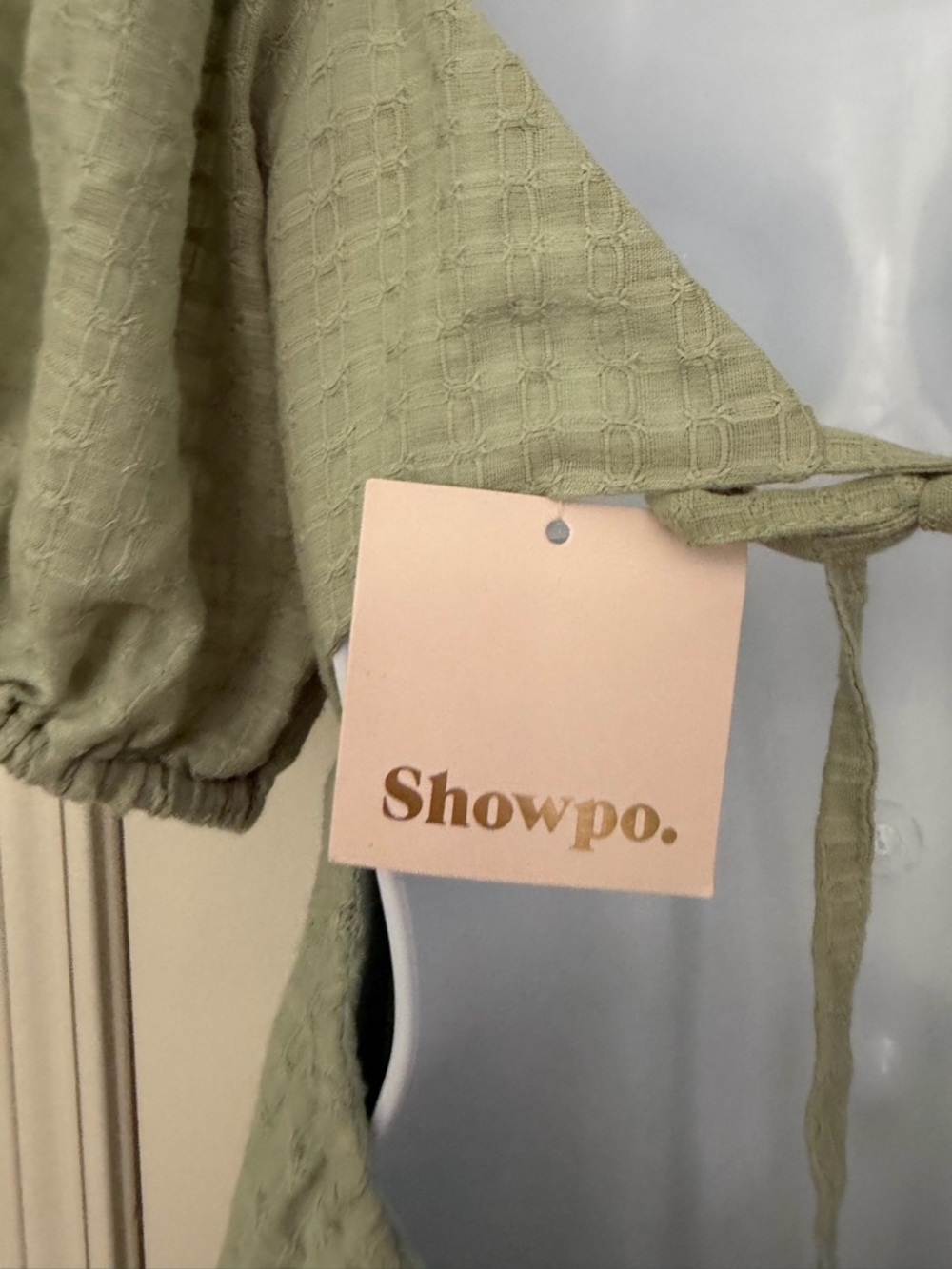 Showpo Dress Sage Green US 4 Cotton Gauze Puff Sleeve Open Back Midi Cottagecore - Picture 6 of 12